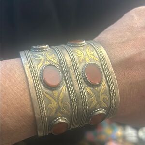 Pair of Antique Bilezyk Turkmen Gold Washed Cuff Bracelet with Carnelian Inlay